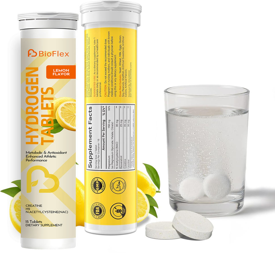 BioFlex OEM Private Label Natural Lemon Flavor 15 Tablets H2 Molecular Hydrogen Water Effervescent Tablets with Creatine & NAC