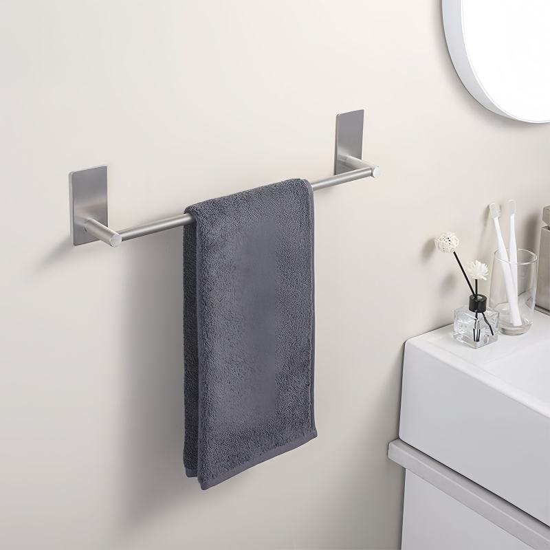 Stainless Steel Bathroom Hardware Set - Wall-Mounted Towel Holder with 2 Adhesive Hooks