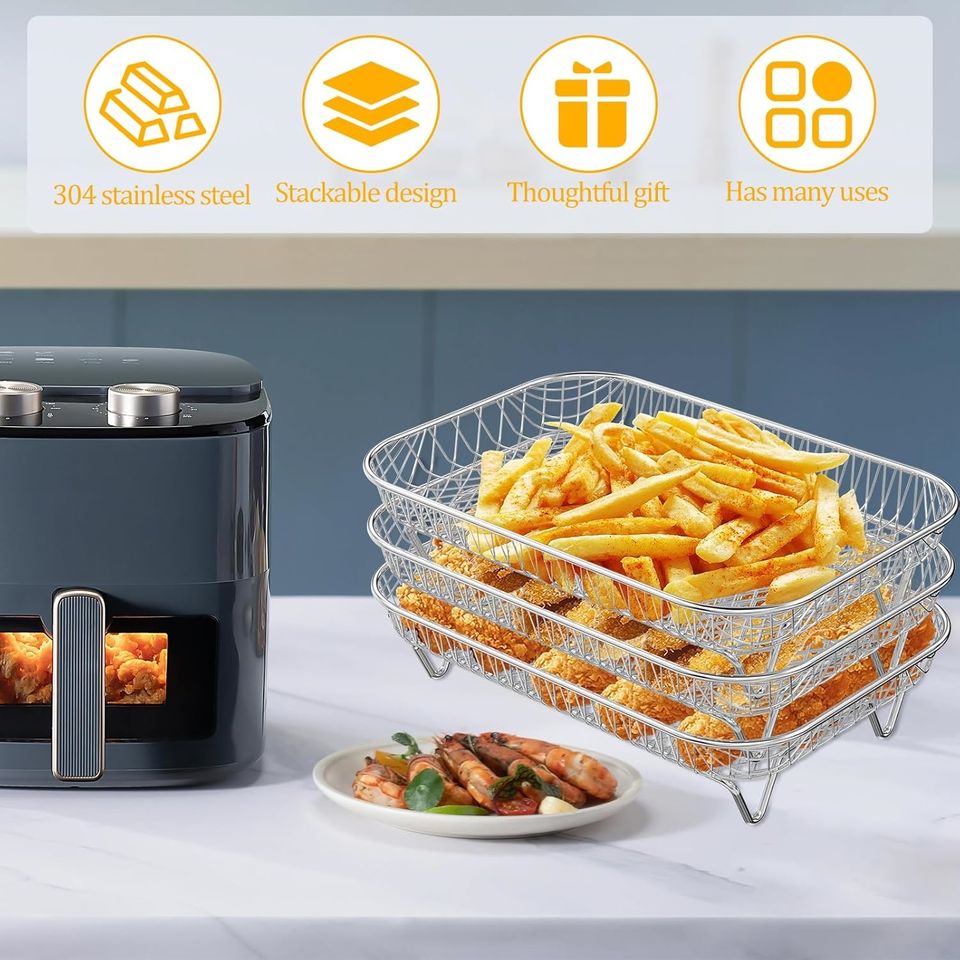 Stainless Steel Air Fryer Accessory Set - French Fries Basket, Grill Rack, Chip Rack, Oven BBQ/Baking Net