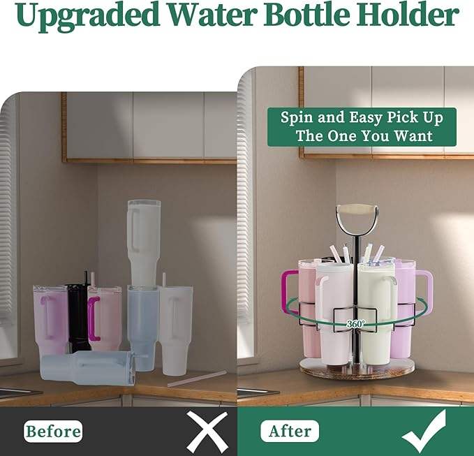 360° Rotating Iron Cup and Straw Holder with Adjustable Storage Shelf