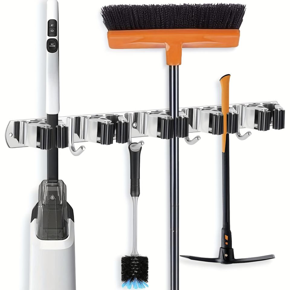 Multifunctional Wall-Mounted Mop Rack Heavy Duty Organizer with 5 Slots 4 Hooks Broom Mop Holder, Household Appliances