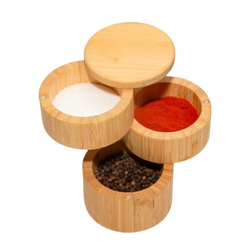 Bamboo Kitchen Salt and Pepper Organizer with Magnetic Swivel Lid for Storing Pepper Spices