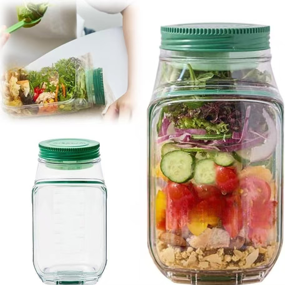 Modern Plastic Salad Container Mason Jar with Side Opening and Leak-Proof Lid for Meal Prep Kitchen Use