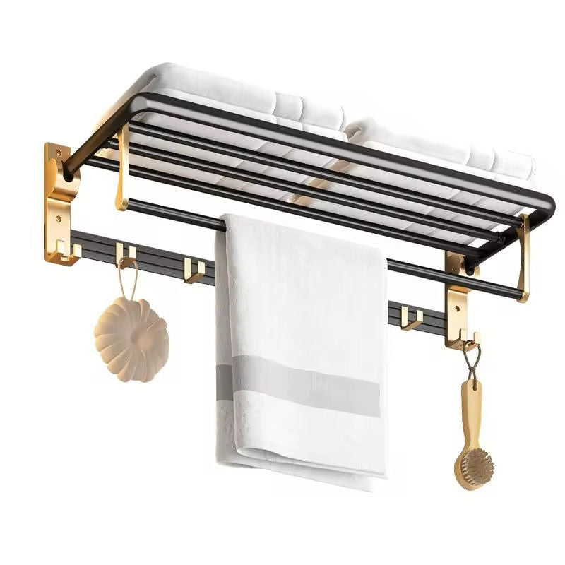 9-Piece Aluminum Folding Storage Rack Hardware Set in Black and Gold Towel Holder Shelf Bathroom Shelves