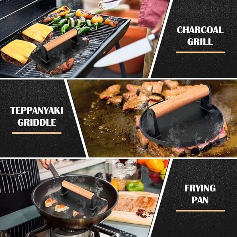 High-Performance 6.5'' Cast Iron Grill Press for Cooking Sandwiches with Teak Smash Burger Press