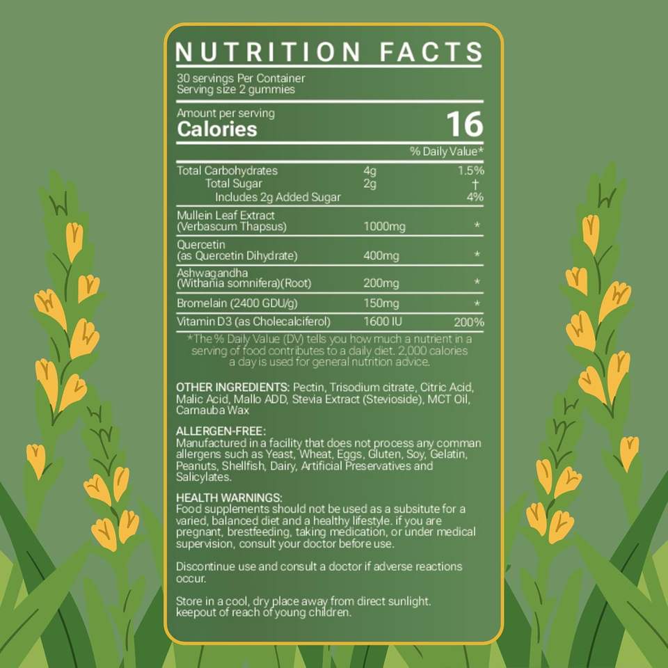 Bioflex 60 Count Bear Gummies Mullein Leaf Extract Dietary Supplement Sugar-Free Mullein Gummies for Lung Cleansing and Immune Support