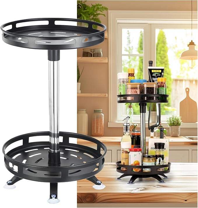 Adjustable 2-Layer Metal Storage Container, 360° Rotating Vertical Cabinet, Multi-Functional Spice Rack