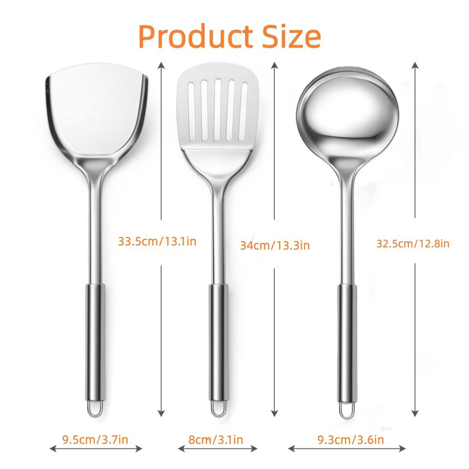 Stainless Steel 3-Piece Multi-Purpose Kitchen Utensil Set - Spoon, Spatula, Dishwasher Safe - Ideal for Home, Apartment, Dorm Use