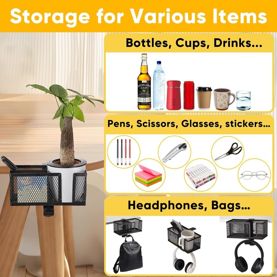 360° Rotating Headphone Stand Under Desk with Detachable Storage Box for Cup and Pen Holder and Drink Holder Desk Accessory