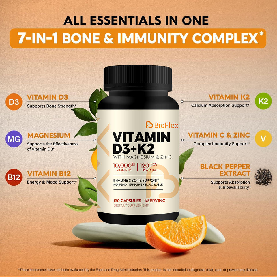 BioFlex Wholesale High-Quality Extra Strength Formula Vitamin D3 and K2 & B12 Capsules Dietary Supplement with Magnesium & Zinc