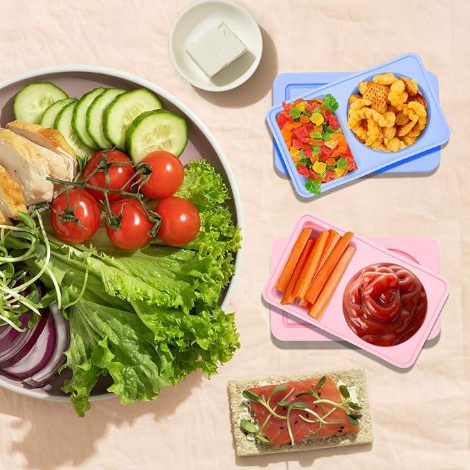 Reusable Silicone Snack Containers with Lid, Double Compartment Snack Box, Silicone Spice Container with Lid