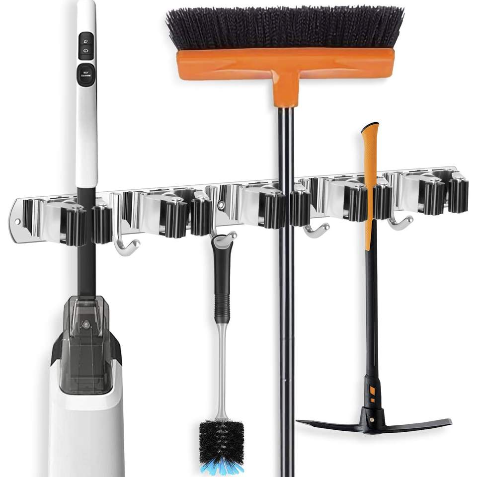 Stainless Steel Mop Holder Self-Adhesive Wall-Mounted Broom and Mop Organizer with Hooks for Kitchen/Bathroom/Office