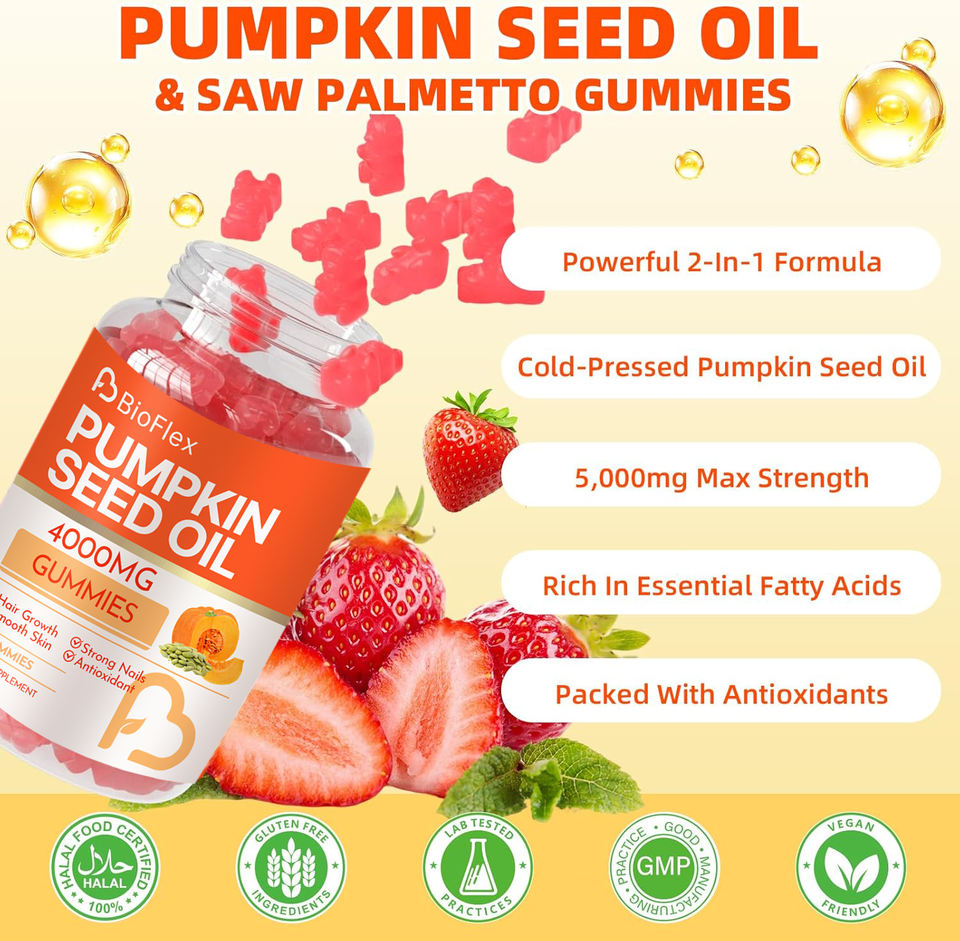 OEM Strawberry Flavor 4000mg Pumpkin Seed Oil Supplement Gummies with Saw Palmetto Extract for Antioxidants, Hair Growth & Skin Health
