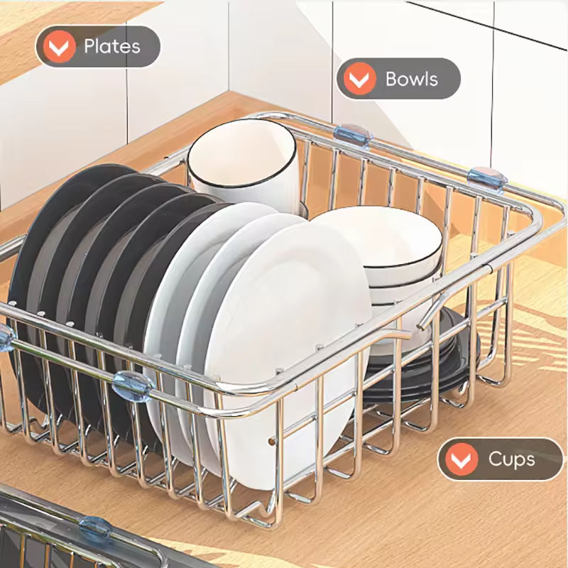 Expandable Stainless Steel Kitchen Dish Plate Basket Metal Wire Dish Rack Drainage Basket
