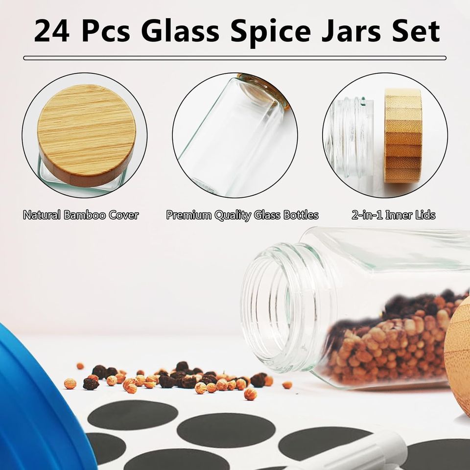 Glass Spice Jars Set with Country-Style Labels, 120 ml (4 oz) Glass Spice Jar with Bamboo Lid for Kitchen Food Storage