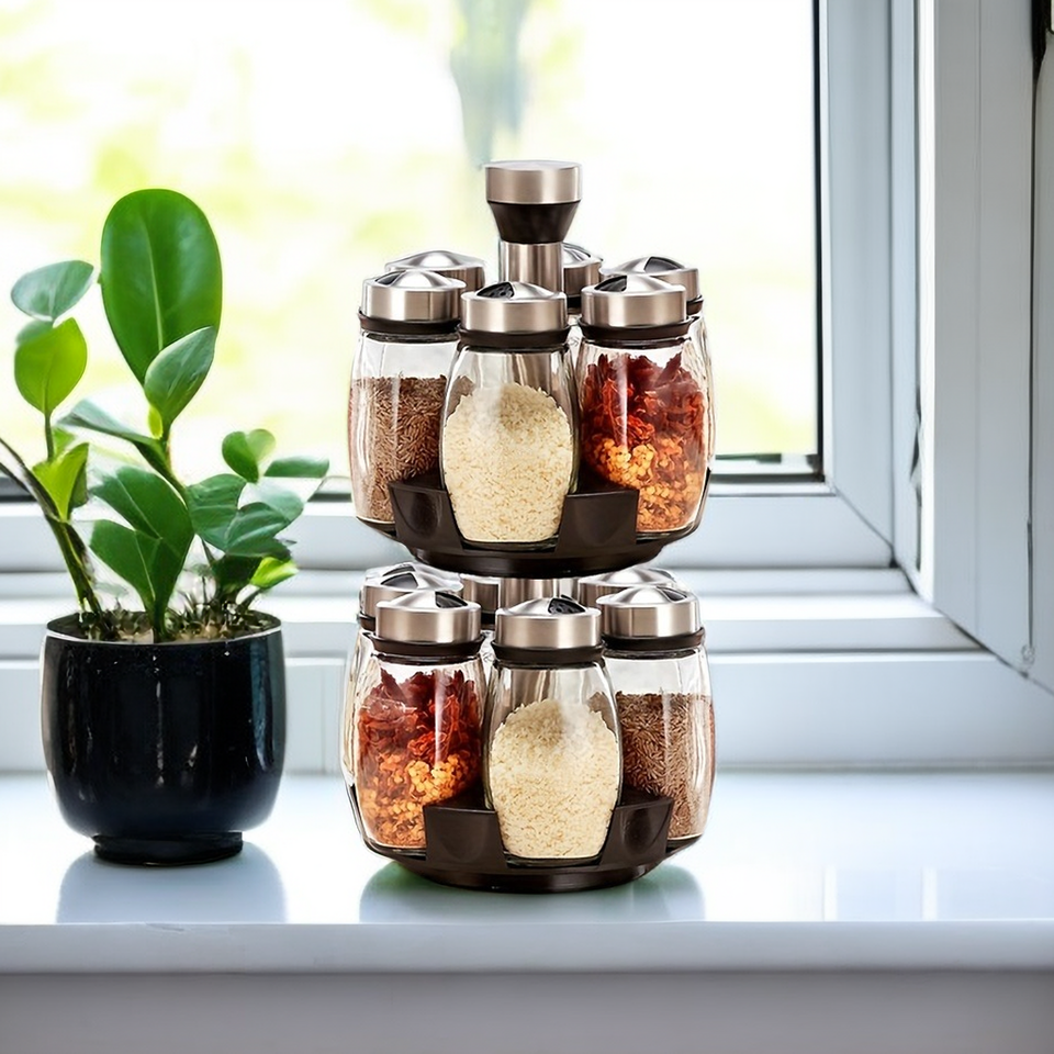 Revolving Spice Rack with 6 Jars Multifunctional Rotating Spice Organizer Kitchen Accessory