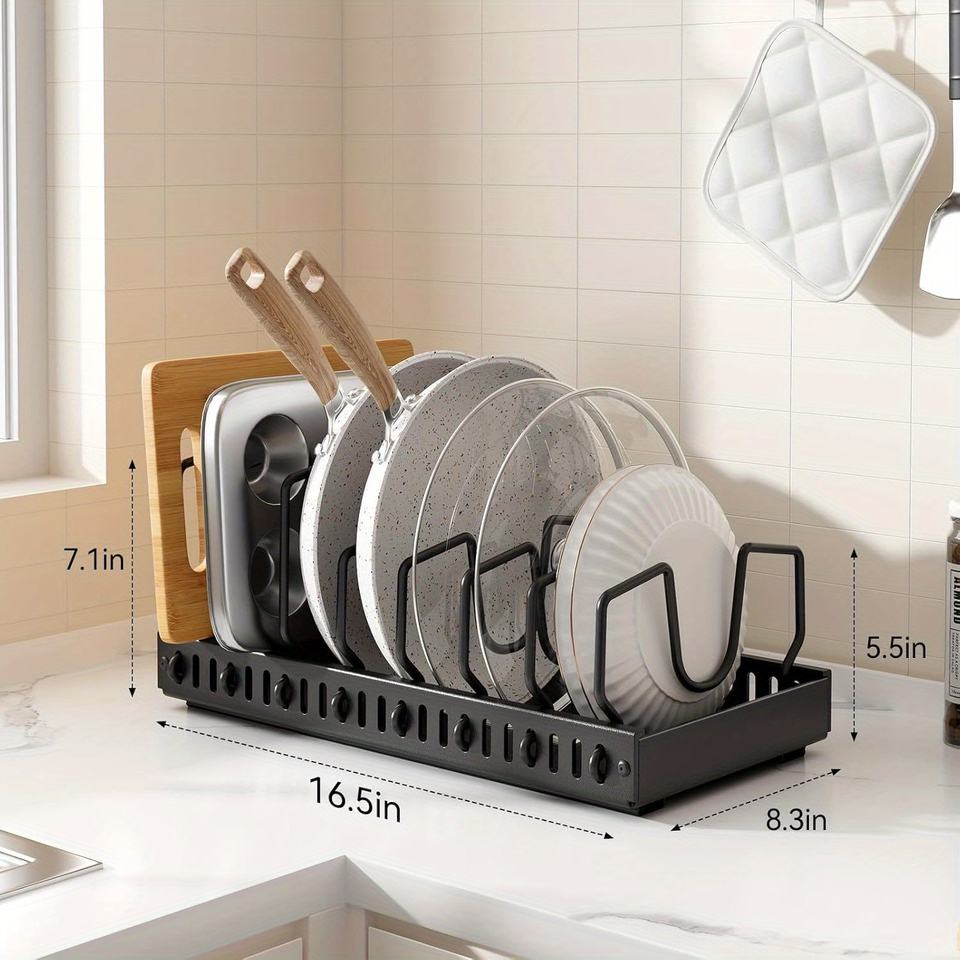 Adjustable Telescopic Pot Lid Rack Organizer in Carbon Steel for Pot, Pans, and Lids Storage