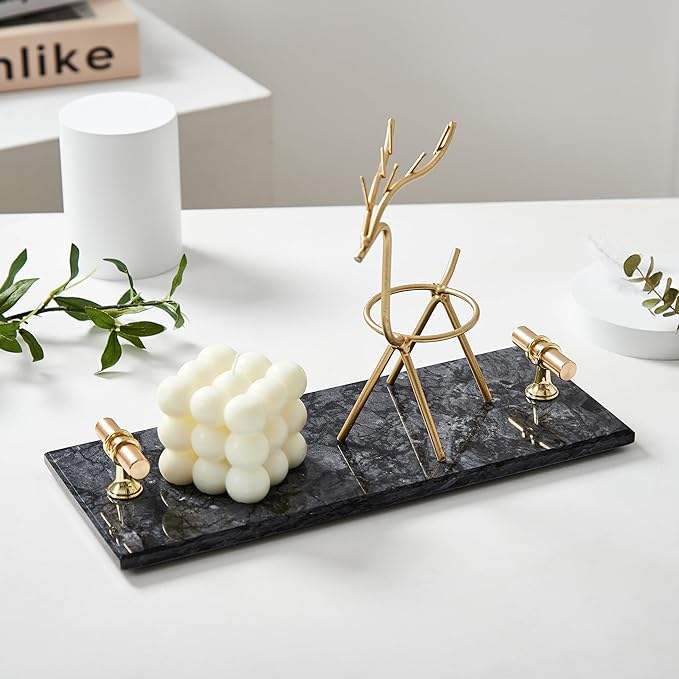 12" Marble Tray Napkin and Towel Organizer with Golden Handles