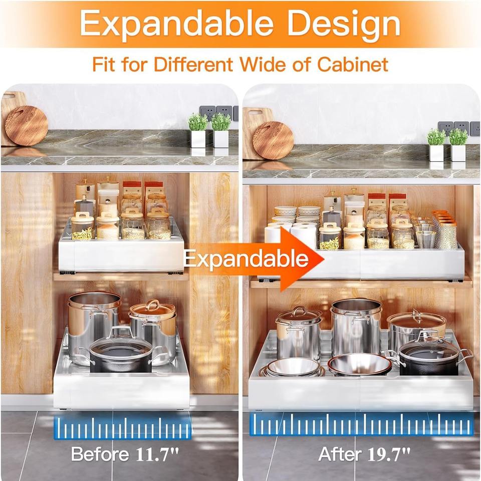 Expandable Kitchen Cabinet Organizer Heavy-Duty Pull-Out Cabinet Shelves with Dividers