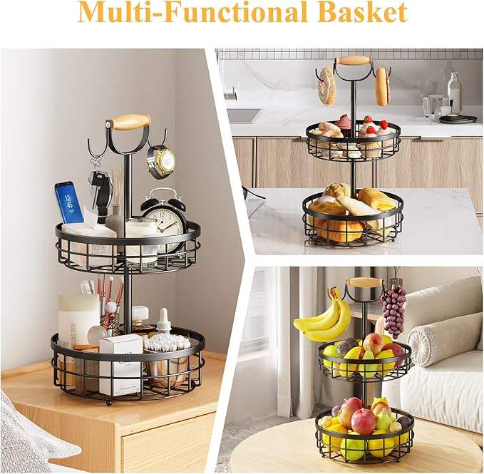 2-Layer Fruit Basket with Double Banana Hooks and Wooden Handles, Metal Wire Basket for Kitchen Countertop