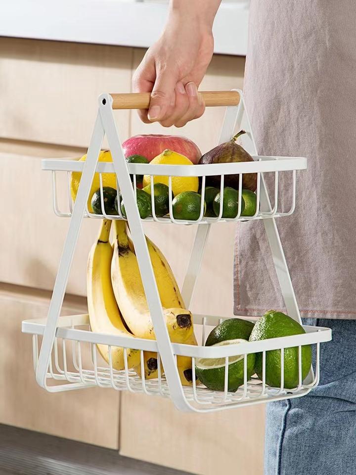 2 Tier Metal Grid Hanging Fruit Basket Storage Bin for Dining Table
