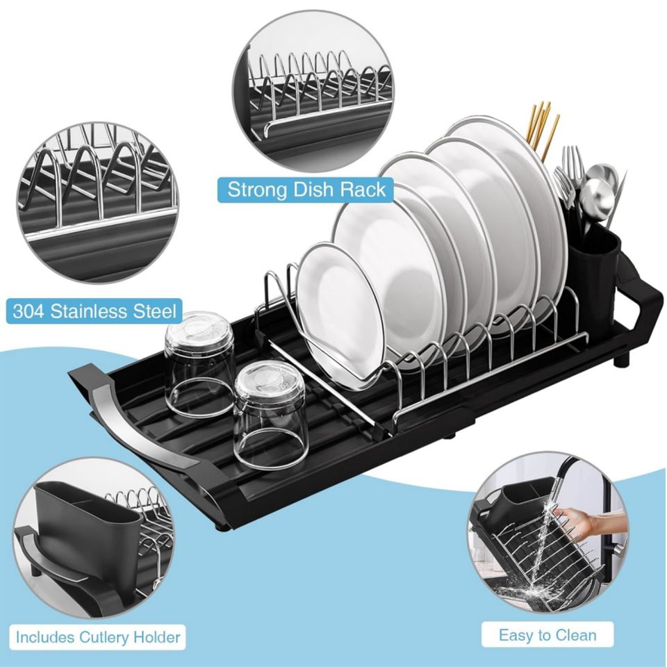 Adjustable Expandable Metal Dish Drying Rack with Non-Collapsible Single-Tier Kitchen Shelf Holder