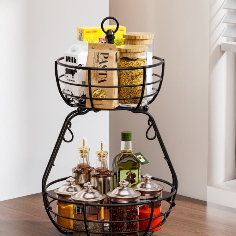 2 Tier Kitchen Metal Fruit Basket Portable Metal Storage Rack Removable Multi-layered Fruit Holder Kitchen Fruit Rack