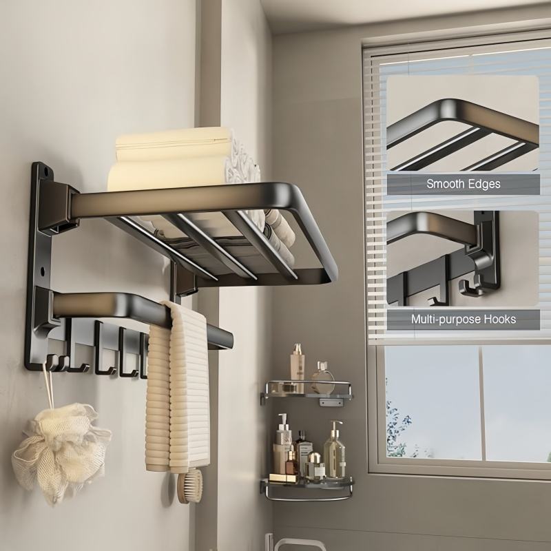 Foldable Bathroom Shelf with Hooks for Towel Storage Organization