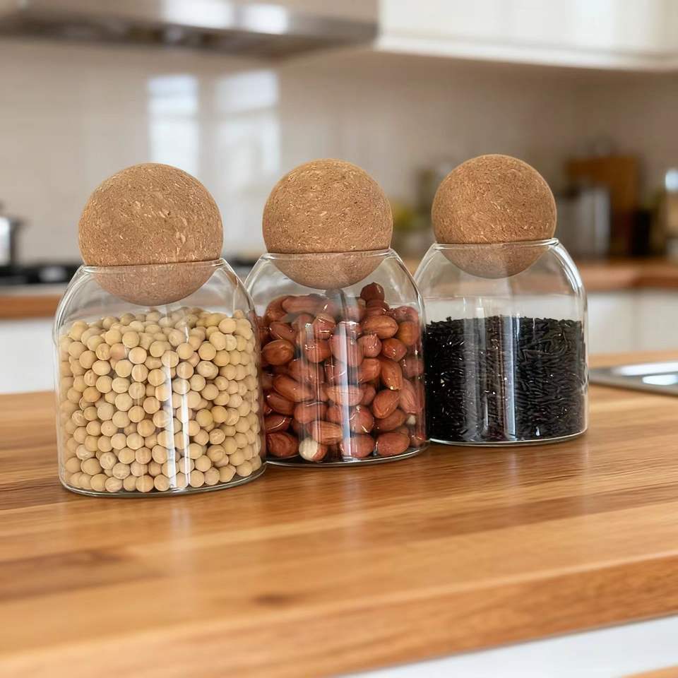 Round Cork Glass Storage Jars Set, Coffee Bean Canister, Kitchen Grain Storage Canister, Moisture-Resistant Storage Bottle