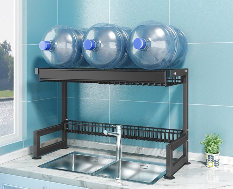 Large Dish Drying Rack for Kitchen Countertop with Multiple Baskets Cutlery Sponge Sink Rack 2 Tier Black