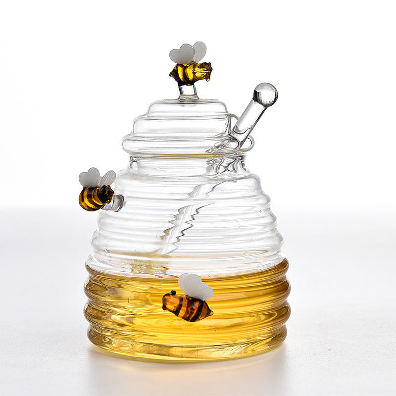 Bestselling Wholesale Honey Jars with Stirrer and Lid Unique Transparent Honey Dispenser Small Glass Jars for Honey