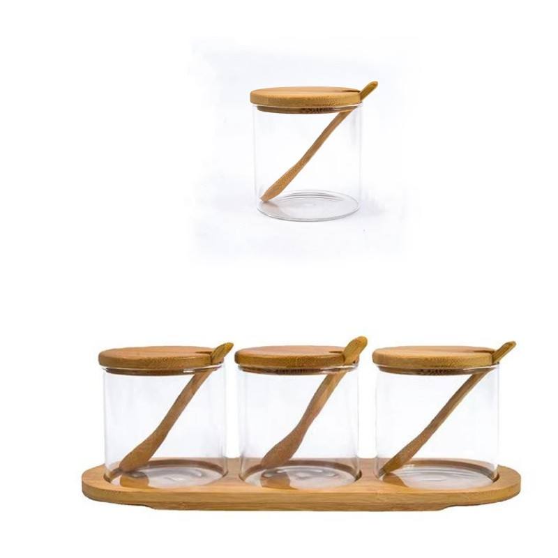 Spice Glass with Bamboo Lid and Spoon Set for Kitchen Storage