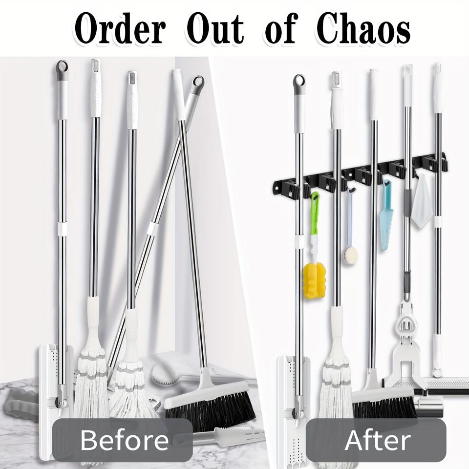 Multifunctional Wall-Mounted Mop Rack Heavy Duty Organizer with 5 Slots 4 Hooks Broom Mop Holder, Household Appliances