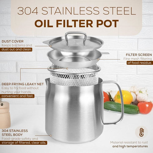 304 Stainless Steel Food-Grade Mesh Oil Filter Pot Multifunction Large Oil Kettle Bottle 1.5L/2.0L Oil Strainer French