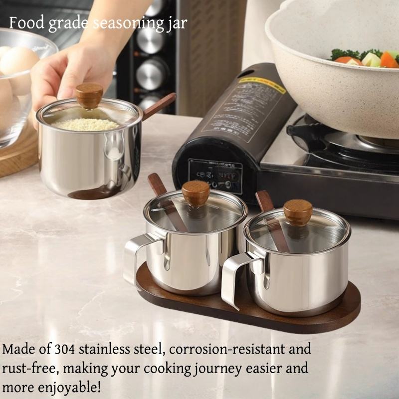 304 Stainless Steel Spice Glass Set Kitchen Household Spice Box with Spoon Oil and Salt Glass Spice Bottle