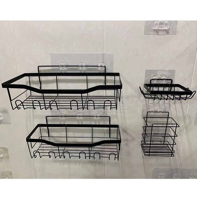 Bathroom Organizer Rack Self-Adhesive Black Wall Shelf Storage Basket