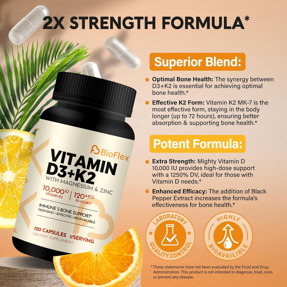 BioFlex Wholesale High-Quality Extra Strong Formula Vitamin D3 and K2 & B12 Capsules Dietary Supplement with Magnesium & Zinc
