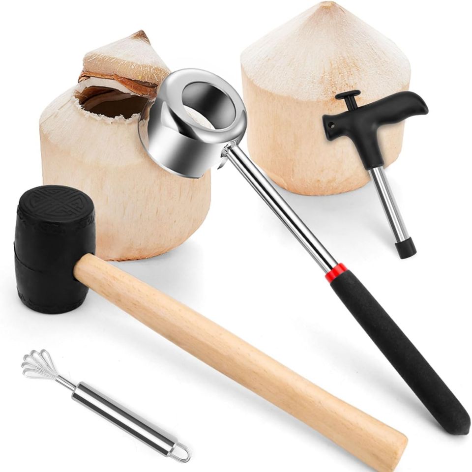 Premium Stainless Steel Coconut Opener Set with Rubber Mallet and Wood Handle Shell Cutter