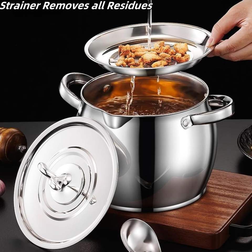 Stainless Steel Kitchen Sieve Pot with Large Capacity and Removable Fine Mesh, Double-Handled for Grease Bacon Fat Storage Slard Ghee