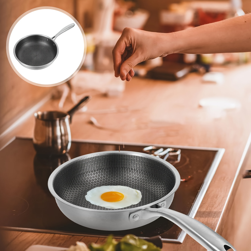 High-Quality Stainless Steel Frying Pan with Non-Stick Honeycomb Surface, Long-Handled Flat Pan for All Ovens