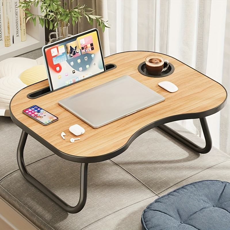 Portable Folding Bed Desk - Compact Computer Desk Made of Recycled Wood Fiberboards, Lightweight, Sturdy Design with Built-In Drink Holder