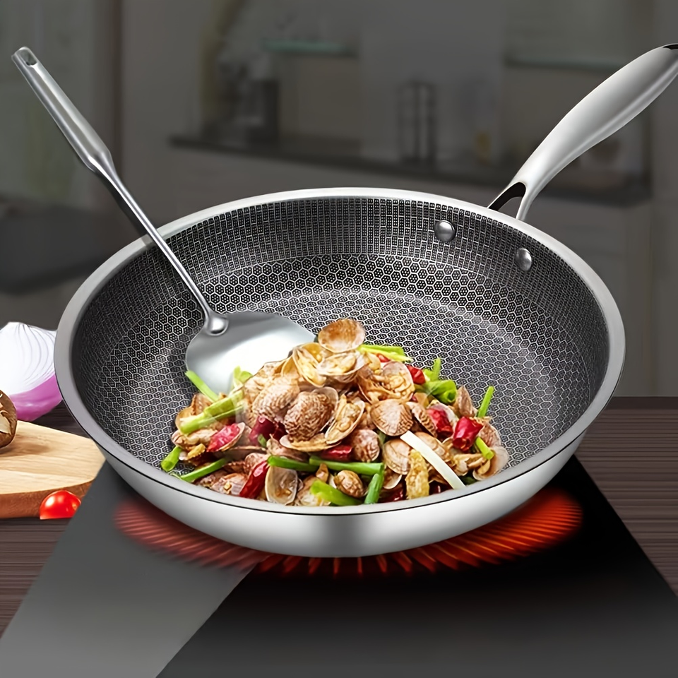 High-Quality Stainless Steel Frying Pan with Non-Stick Honeycomb Surface, Long-Handled Flat Pan for All Ovens