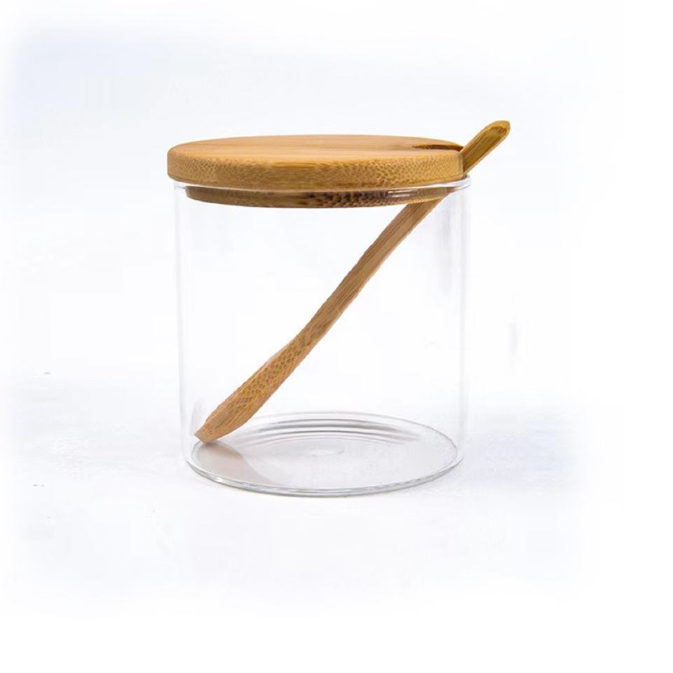 Creative Kitchen Glass Bamboo Lid Spice Jar Set, Salt and Pepper Shakers with Tray and Spoons - Spice Storage Box with Lid