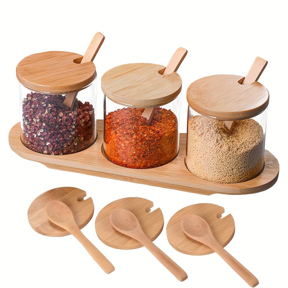 Creative Kitchen Glass Bamboo Lid Spice Jar Set, Salt and Pepper Shakers with Tray and Spoons - Spice Storage Box with Lid