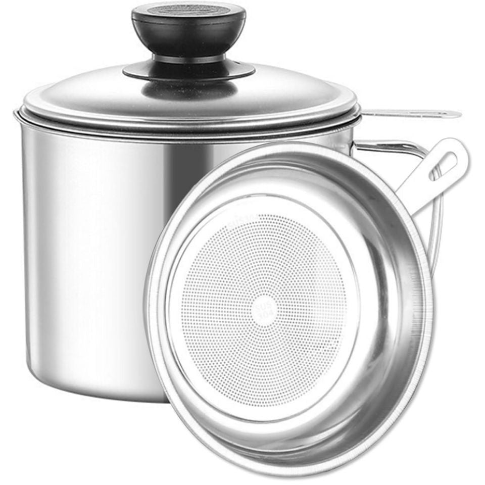 Large Stainless Steel Oil Container with Lid Household Kitchen Filter Net for Storing and Filtering Oil Residues from Bacon Category Bowls