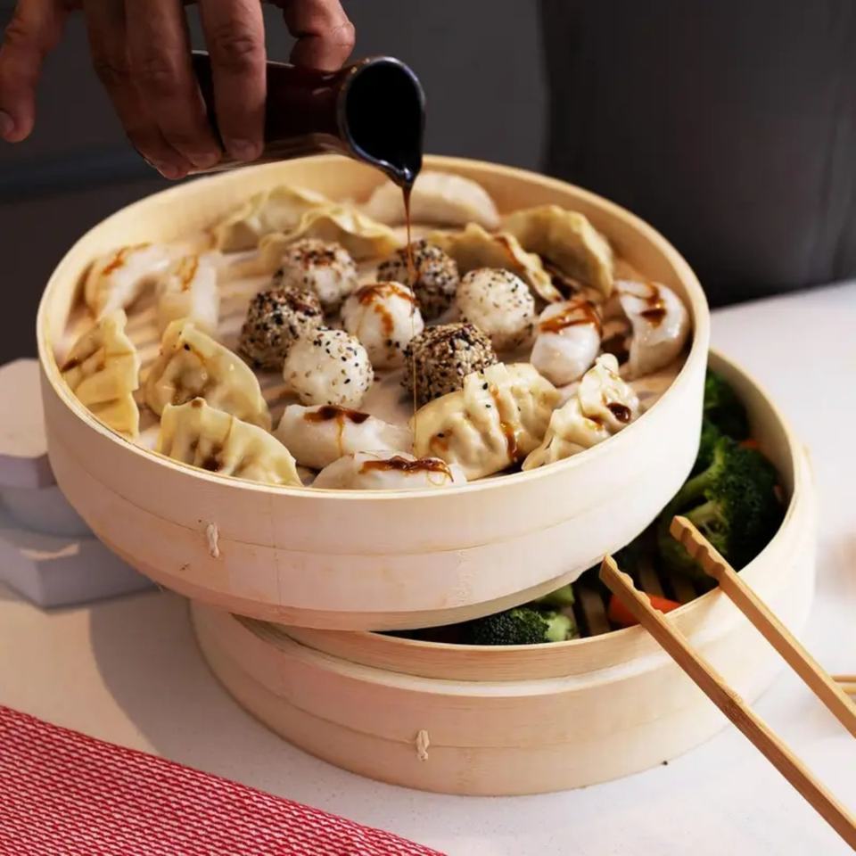 Bamboo Steamer for Traditional Dumplings, Vegetables, Dim Sum, Buns, Fish, and Meat