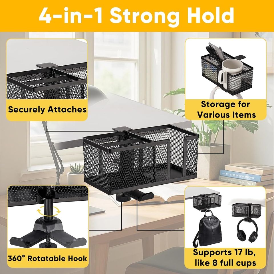 360° Rotating Headphone Stand Under Desk with Detachable Storage Box for Cup and Pen Holder and Drink Holder Desk Accessory