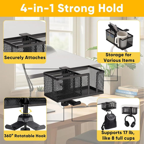 360° Rotating Headphone Stand Under Desk with Detachable Storage Box for Cup and Pen Holder and Drink Holder Desk Accessory