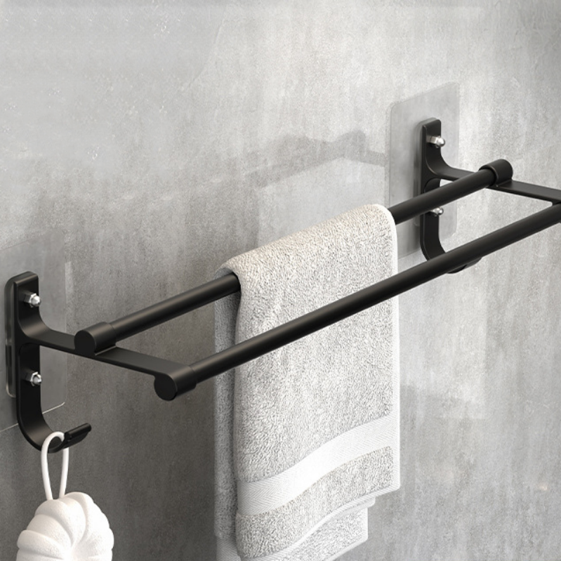 Modern Drill-Free Aluminum Double Rod Wall Towel Rack with Shelf for Bathroom and Toilet Bathroom Shelves