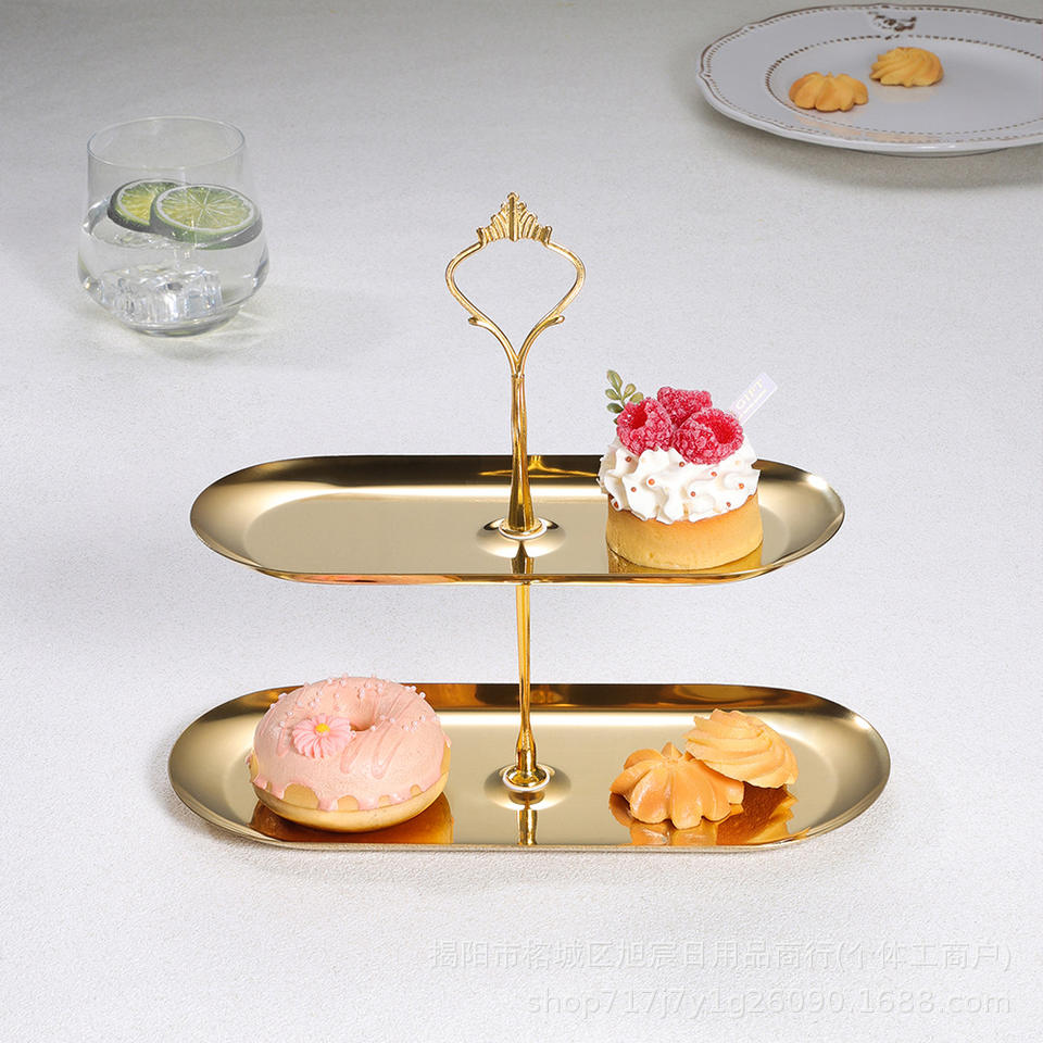 Luxurious Stainless Steel 2-Tier Oval Cake Stand for Home and Hotel